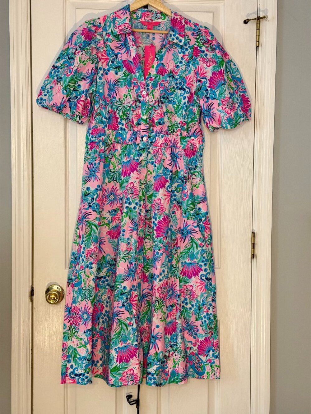Lilly Pulitzer Tassie Button Down Puff Sleeve Midi Dress in Mandevilla Baby Par